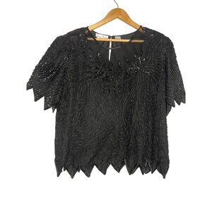 Vintage Laurence Kazar Black Beaded Silk Top 3X Short Sleeve Party Elegant sheer
